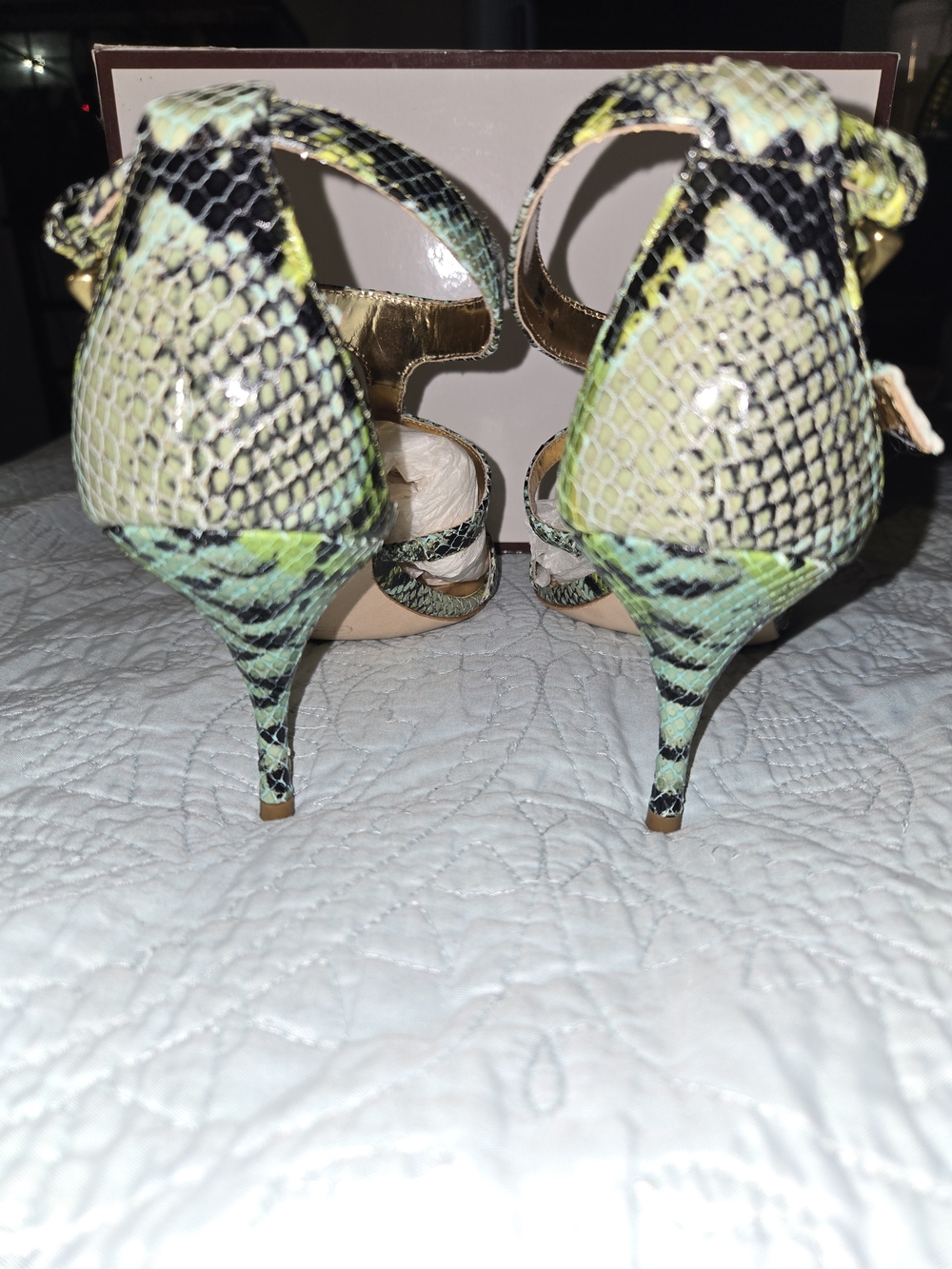 Coach Green Snake-Print Strappy Heels with Gold Insole - Picture 3 of 5